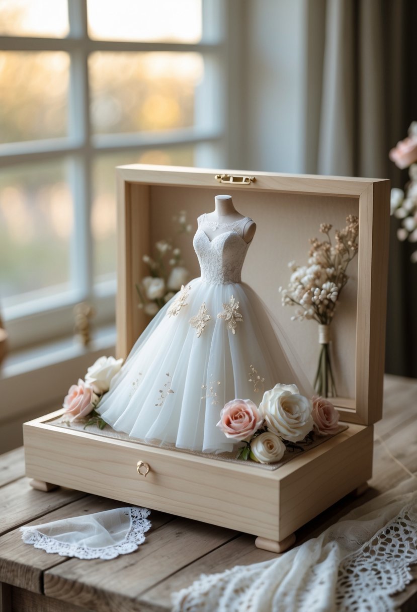 A wedding dress shadow box containing a miniature wedding dress with flowers and lace, displayed on a wooden table with soft natural light.