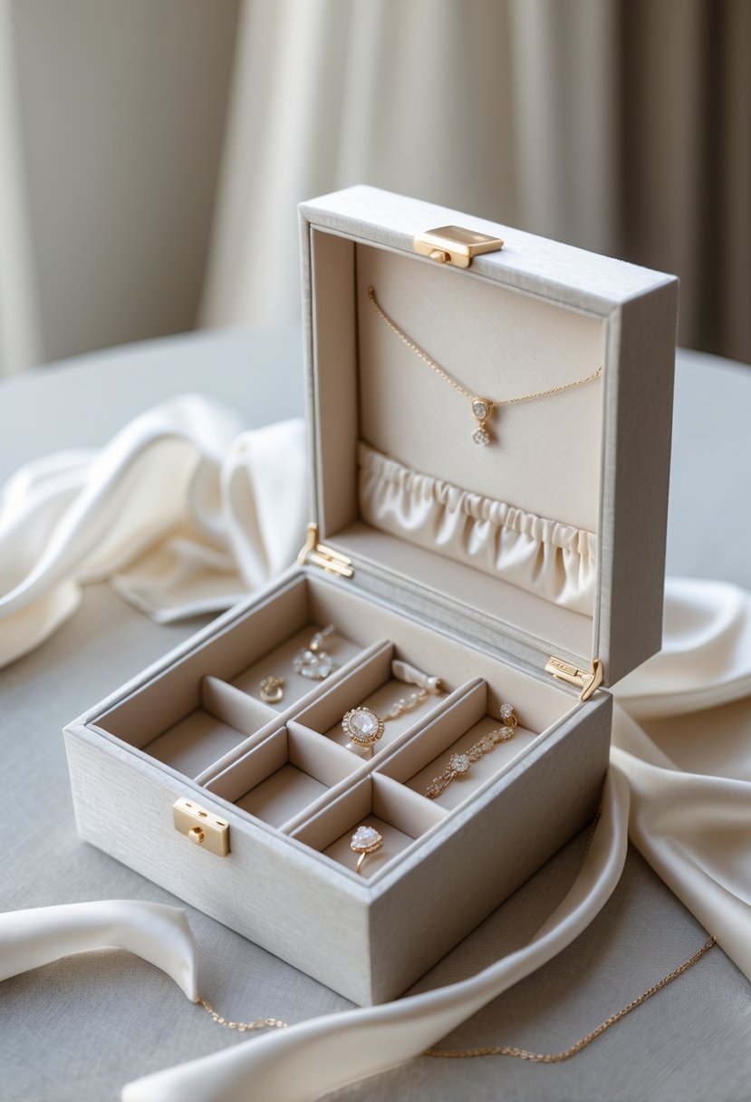 An open custom jewelry box lined with white dress fabric, displaying compartments for wedding jewelry on a neutral surface.