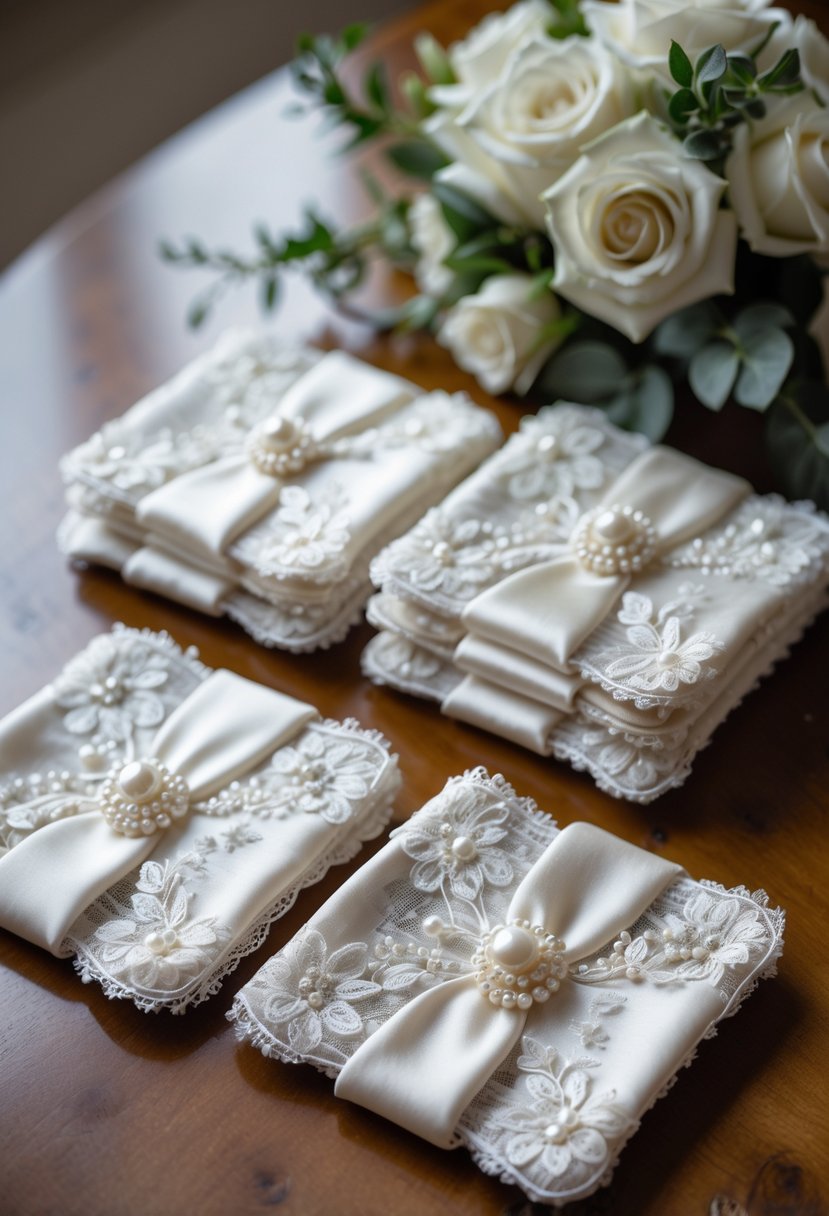 A set of fabric-covered coasters made from lace and satin arranged on a wooden table with a small bouquet of white roses nearby.