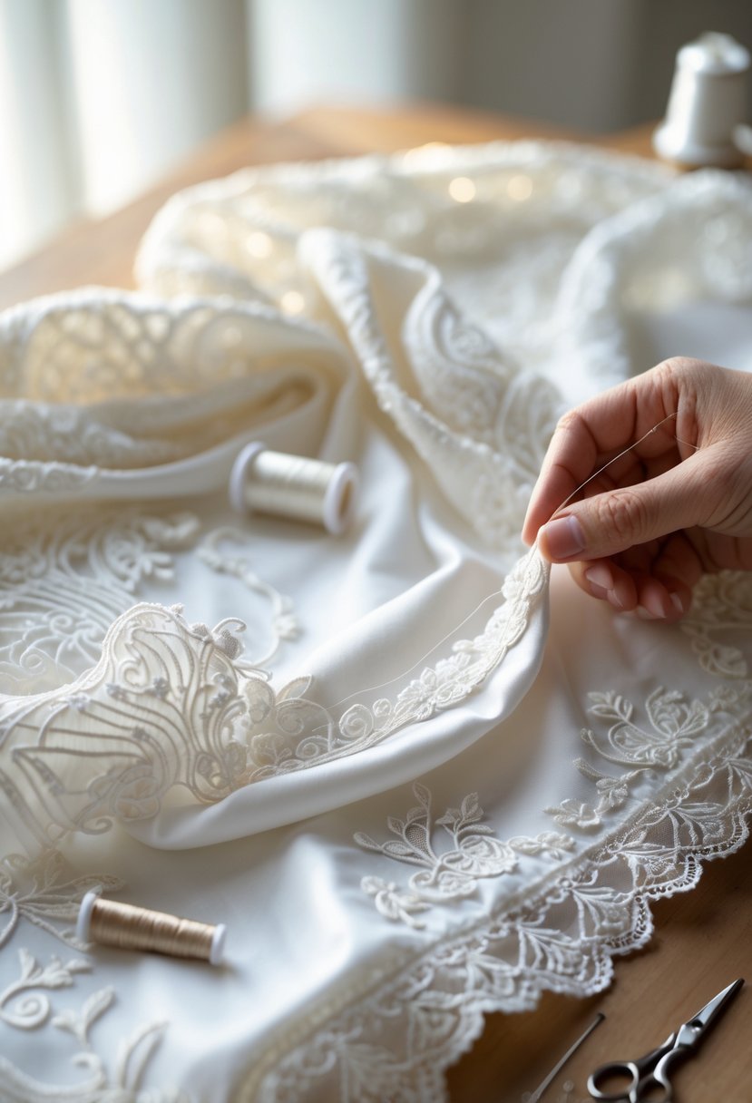 Close-up of hands sewing a baby blanket made from wedding dress fabric with sewing tools on a wooden table.