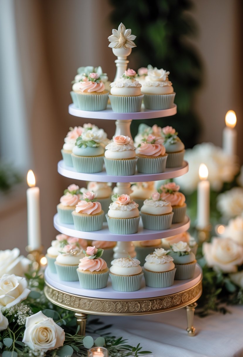 A multi-tiered stand with decorated wedding cupcakes on a table with flowers and candles.