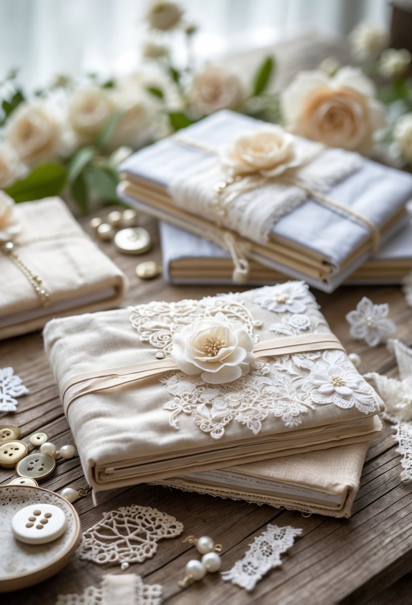 A collection of handmade fabric journals made from wedding dress materials displayed on a wooden table with wedding keepsake items around them.