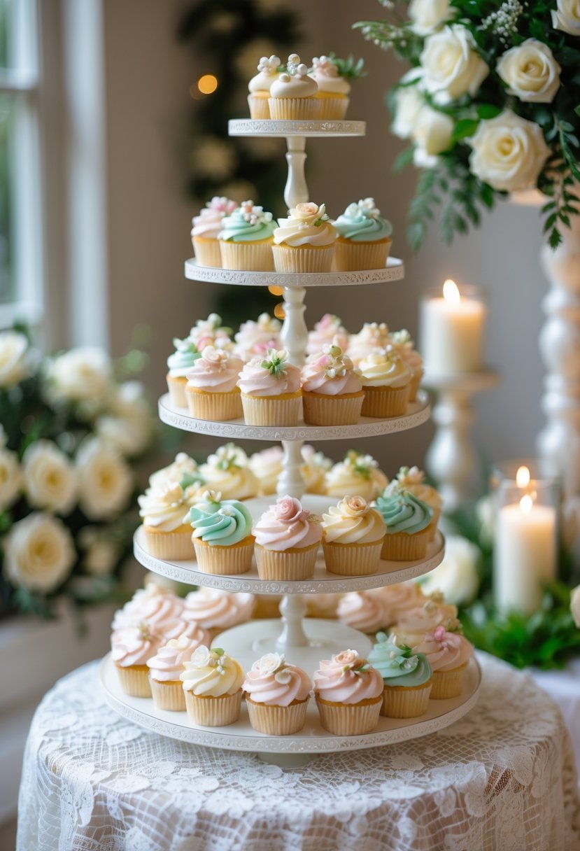 A multi-tiered stand with pastel decorated wedding cupcakes on a table with white lace, surrounded by flowers and candles.