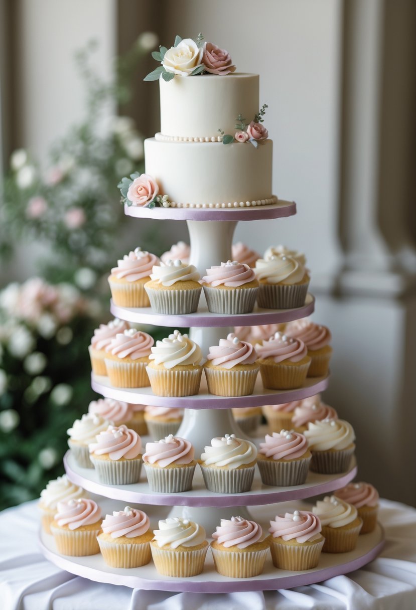 A multi-tiered cupcake tower topped with a small decorated cutting cake, displayed on a table at a wedding.