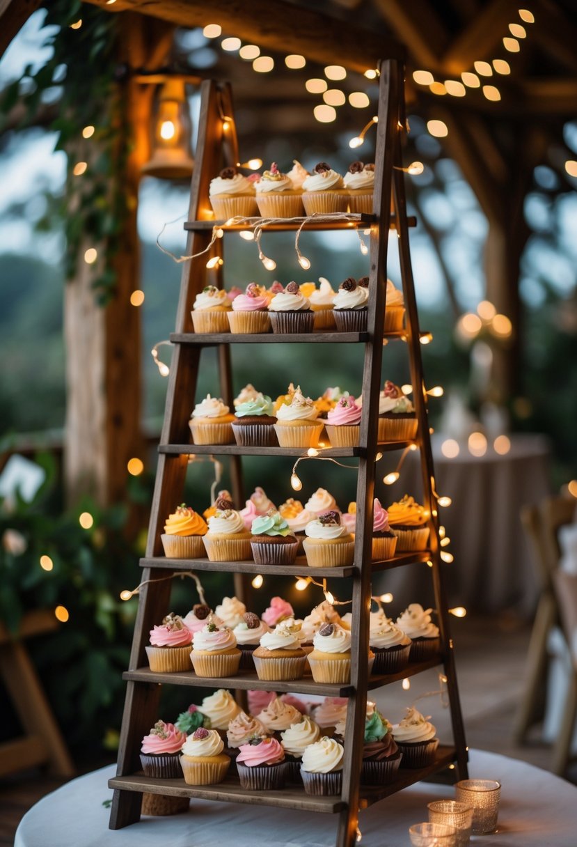 A rustic wooden ladder holding multiple tiers of colorful cupcakes decorated with fairy lights in a wedding setting.