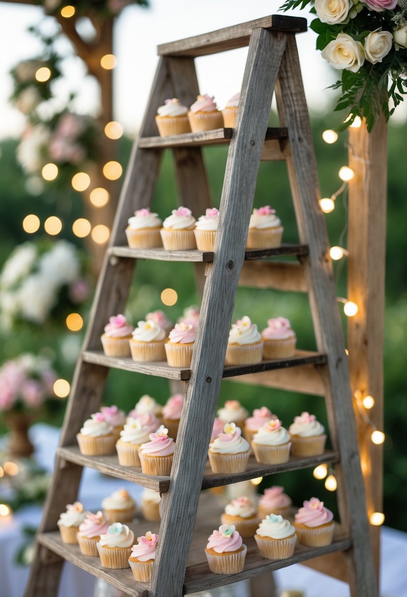 A rustic wooden ladder tiered stand decorated with fairy lights and displaying multiple cupcakes in an outdoor setting.