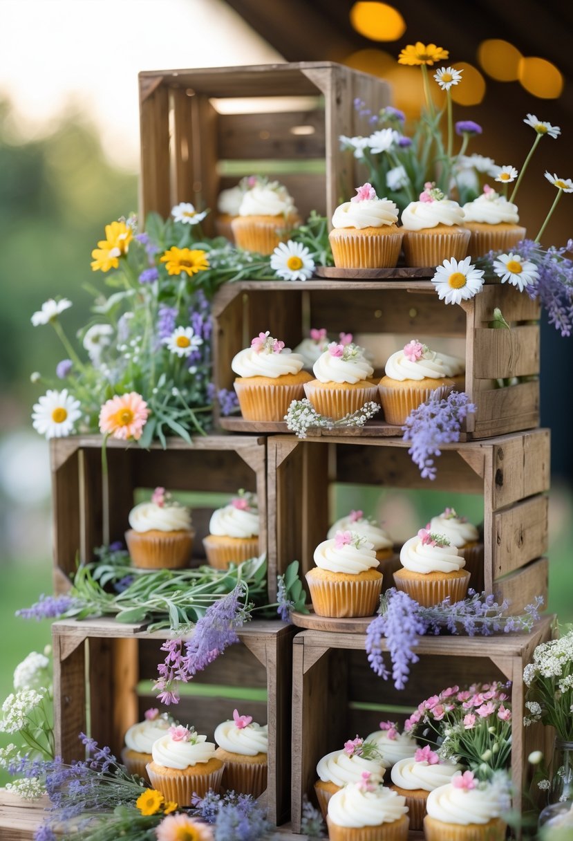Wooden crates decorated with wildflowers holding cupcakes arranged for a wedding display.