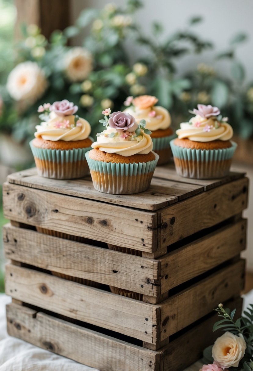 Cupcakes arranged on stacked wooden crates with floral decorations and soft natural lighting.