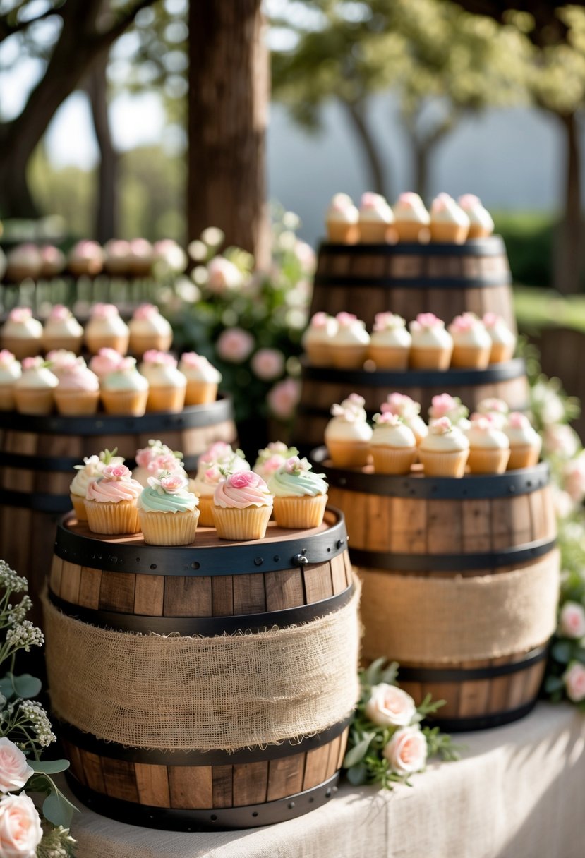 A rustic wedding cupcake display with wooden barrels wrapped in burlap holding decorated cupcakes surrounded by greenery.