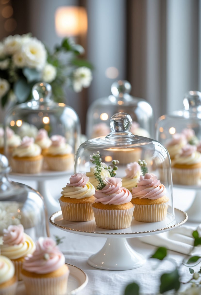 Cupcakes covered by glass cloches arranged on a table with wedding decorations.