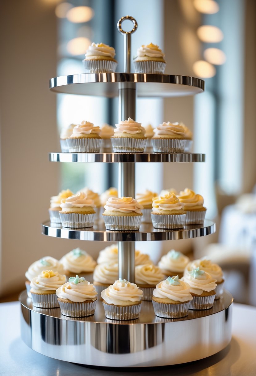 A metal cupcake carousel displaying decorated cupcakes on multiple tiers at a wedding reception.