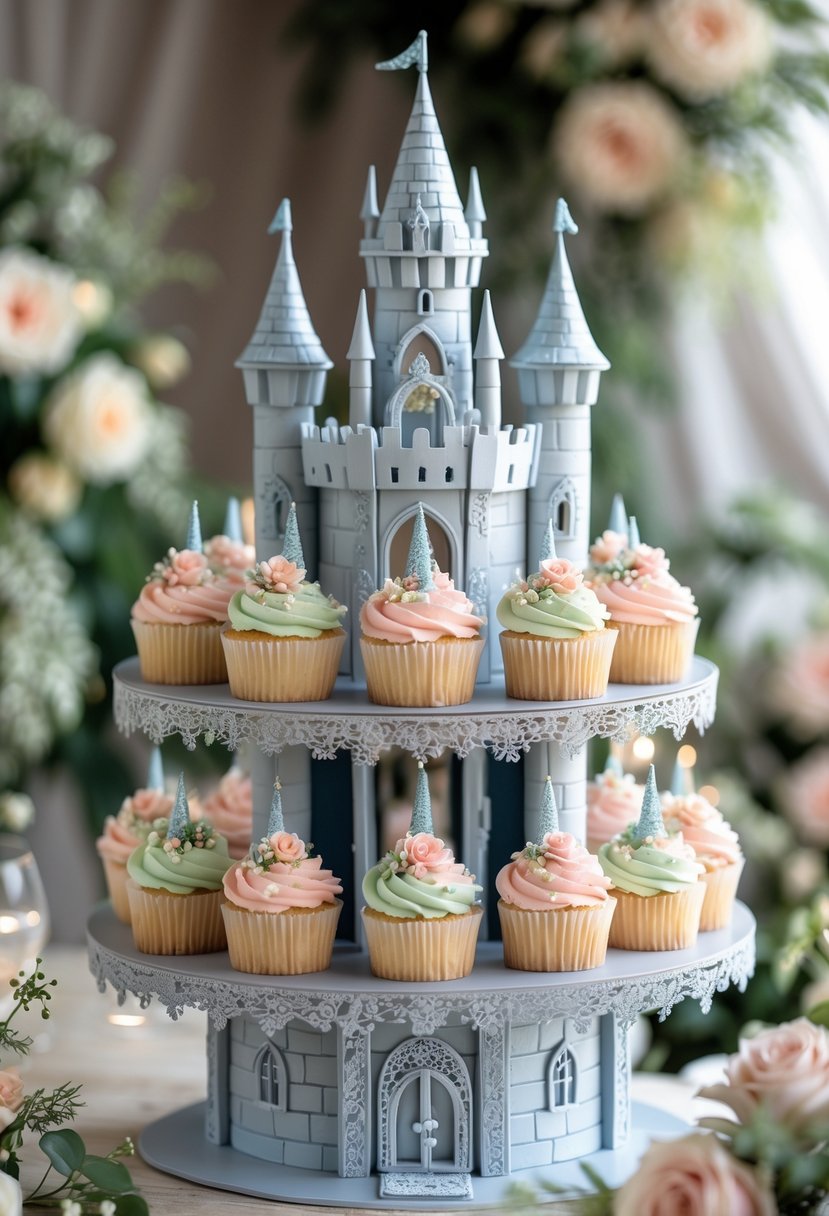 A detailed fairy tale castle cupcake stand holding pastel cupcakes, set in a wedding environment with flowers and greenery in the background.