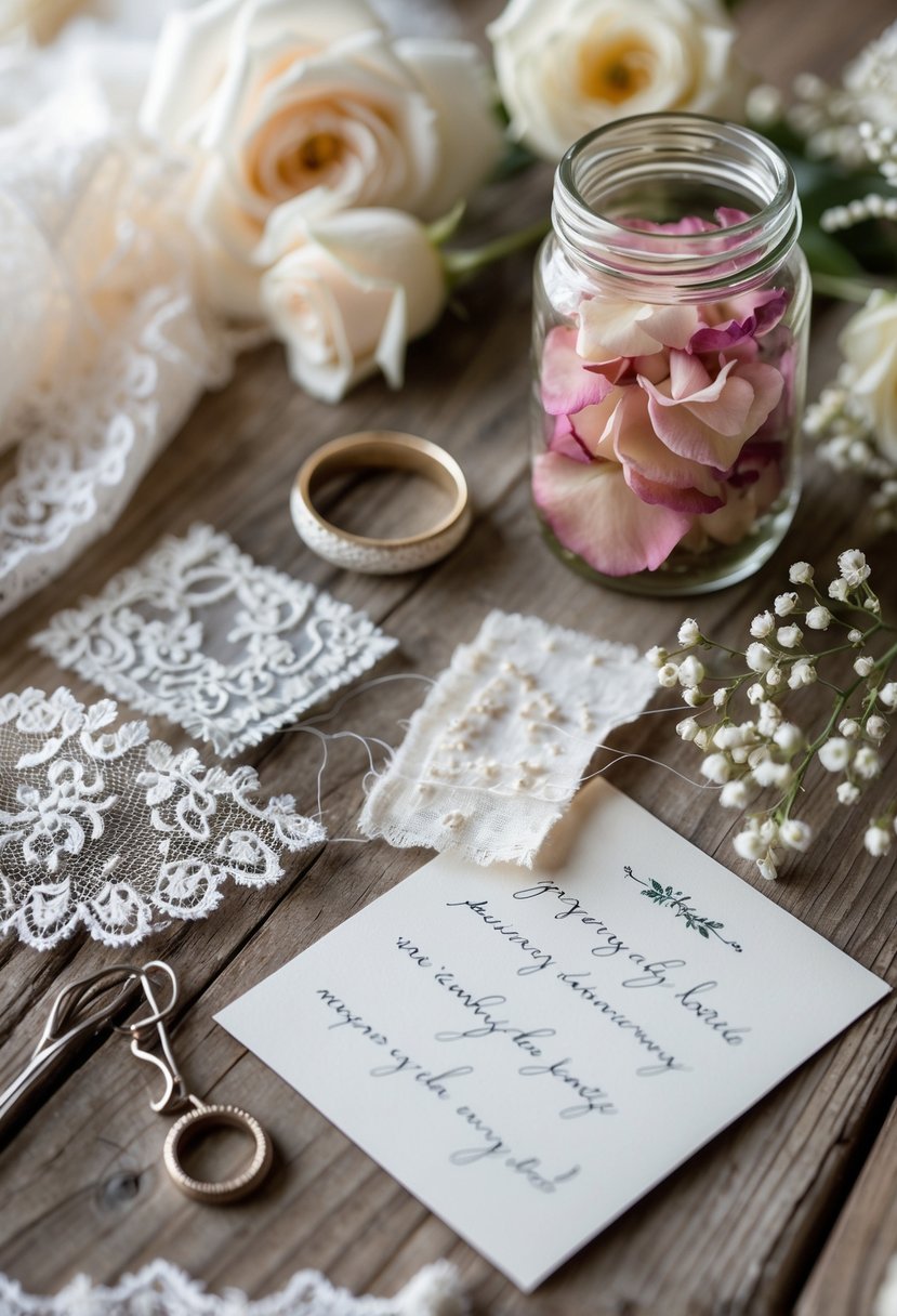 Flat lay of wedding dress fabric swatches, preserved rose petals, sewing needle, wedding rings, a handwritten note, and baby's breath flowers on a wooden surface.
