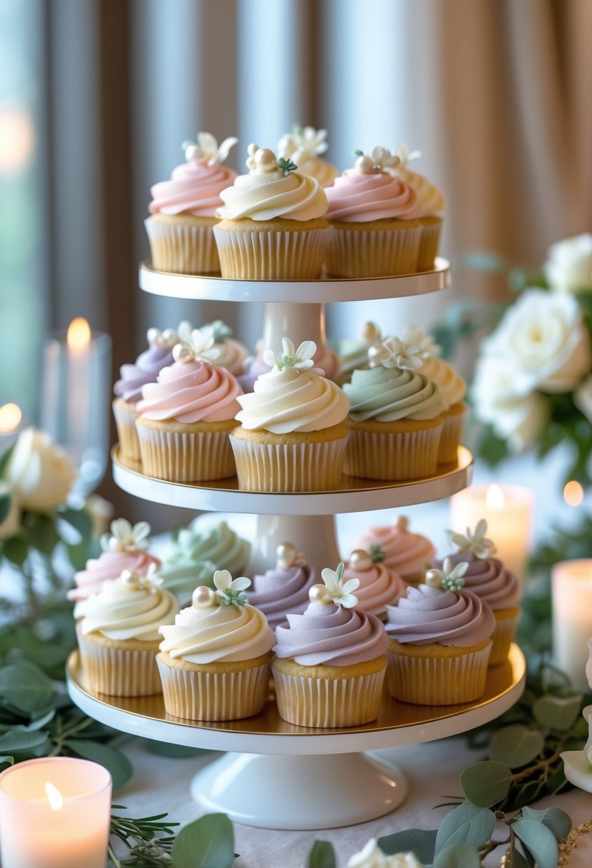 A display of color-coordinated wedding cupcakes arranged on a tiered stand with floral decorations and greenery on a table.