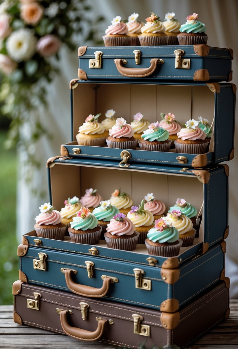 A display of cupcakes arranged inside stacked vintage suitcases outdoors with greenery in the background.