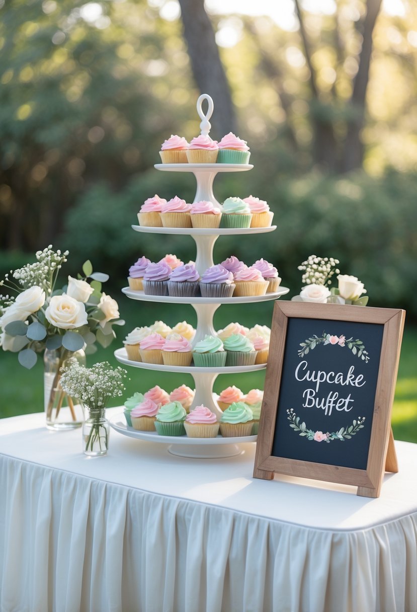 A wedding cupcake buffet table outdoors with a multi-tiered stand of decorated cupcakes, floral arrangements, and a blank wooden chalkboard sign on an easel.