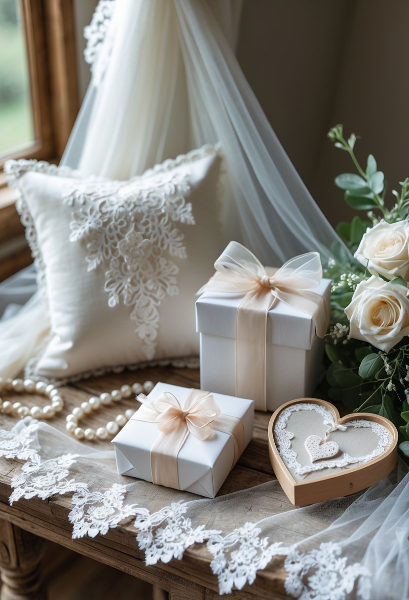 A collection of bridal veil keepsakes including a lace pillow, a gift box wrapped with veil ribbon, and a framed heart-shaped fabric piece displayed on a wooden table with flowers and pearls.