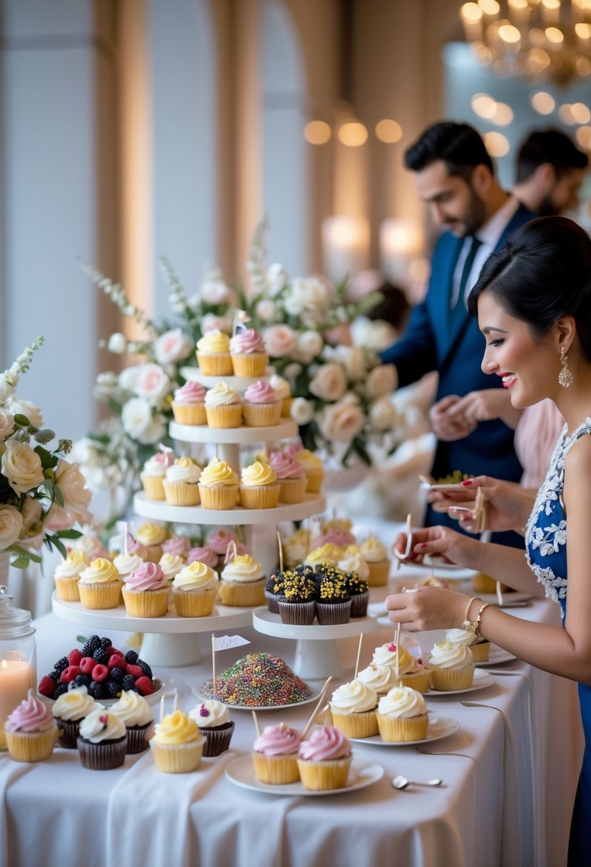 A wedding cupcake station with guests customizing cupcakes using various toppings on a decorated table.