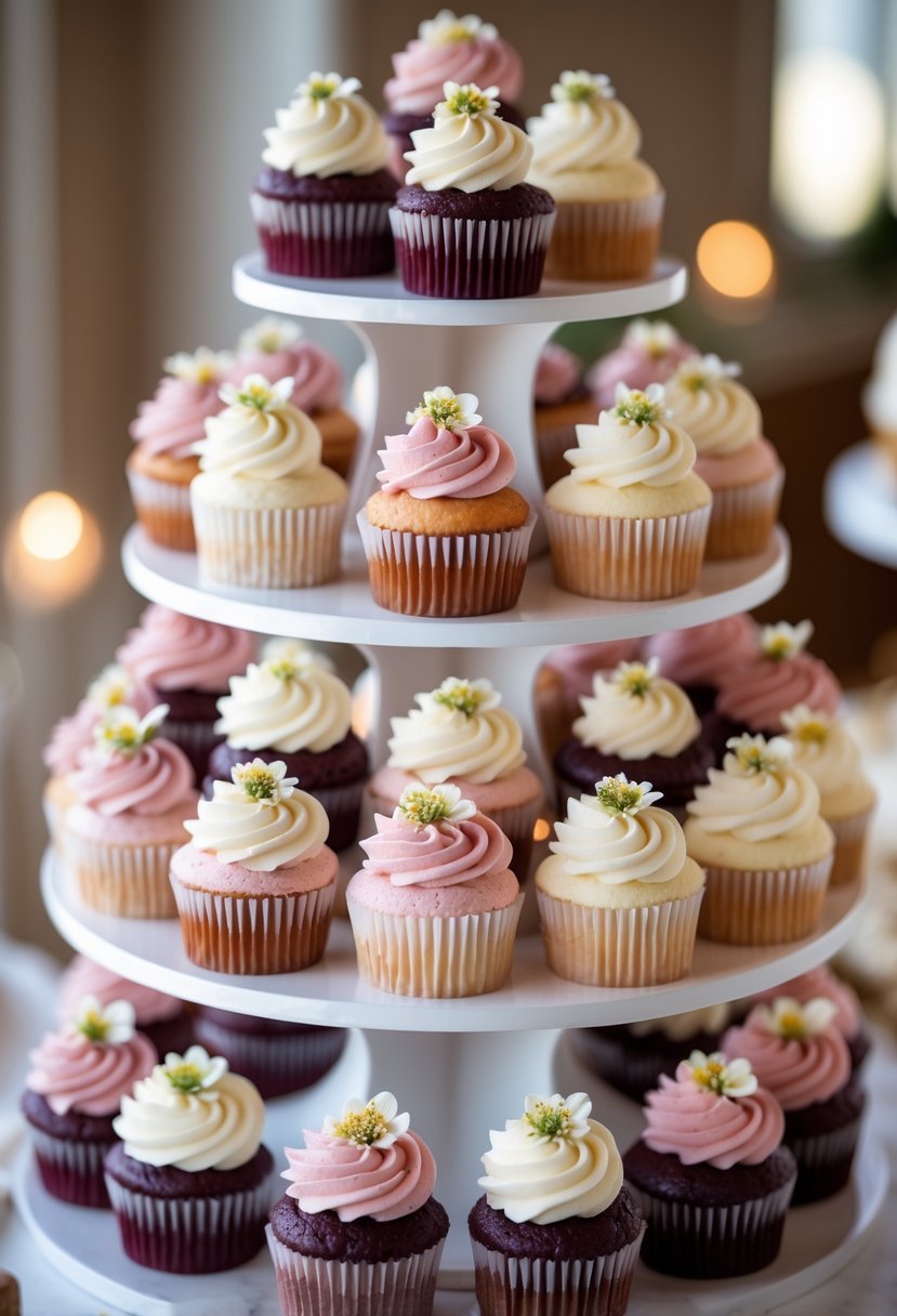 A multi-tiered stand displaying cupcakes arranged in a smooth color gradient from dark burgundy at the bottom to pale peach at the top, each decorated with matching frosting and small edible flowers.