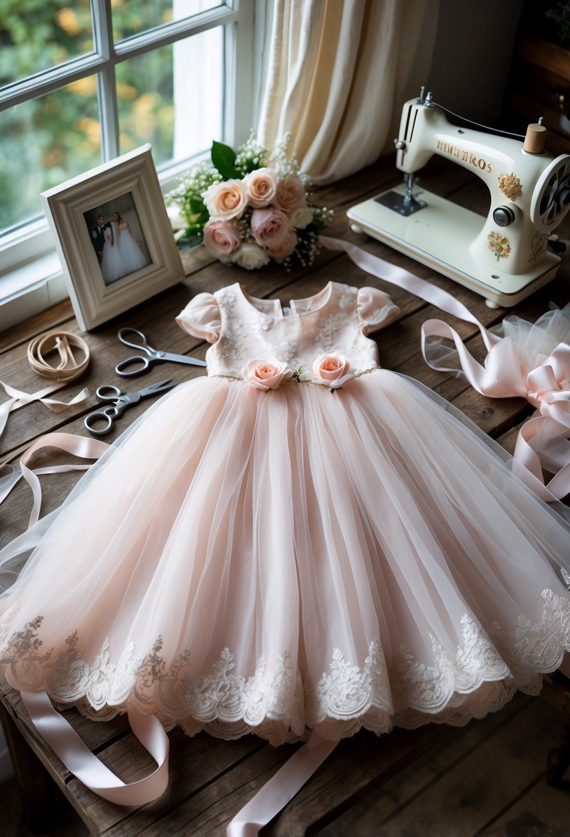 Flower girl dress laid out on a wooden table surrounded by sewing supplies and wedding keepsake items.