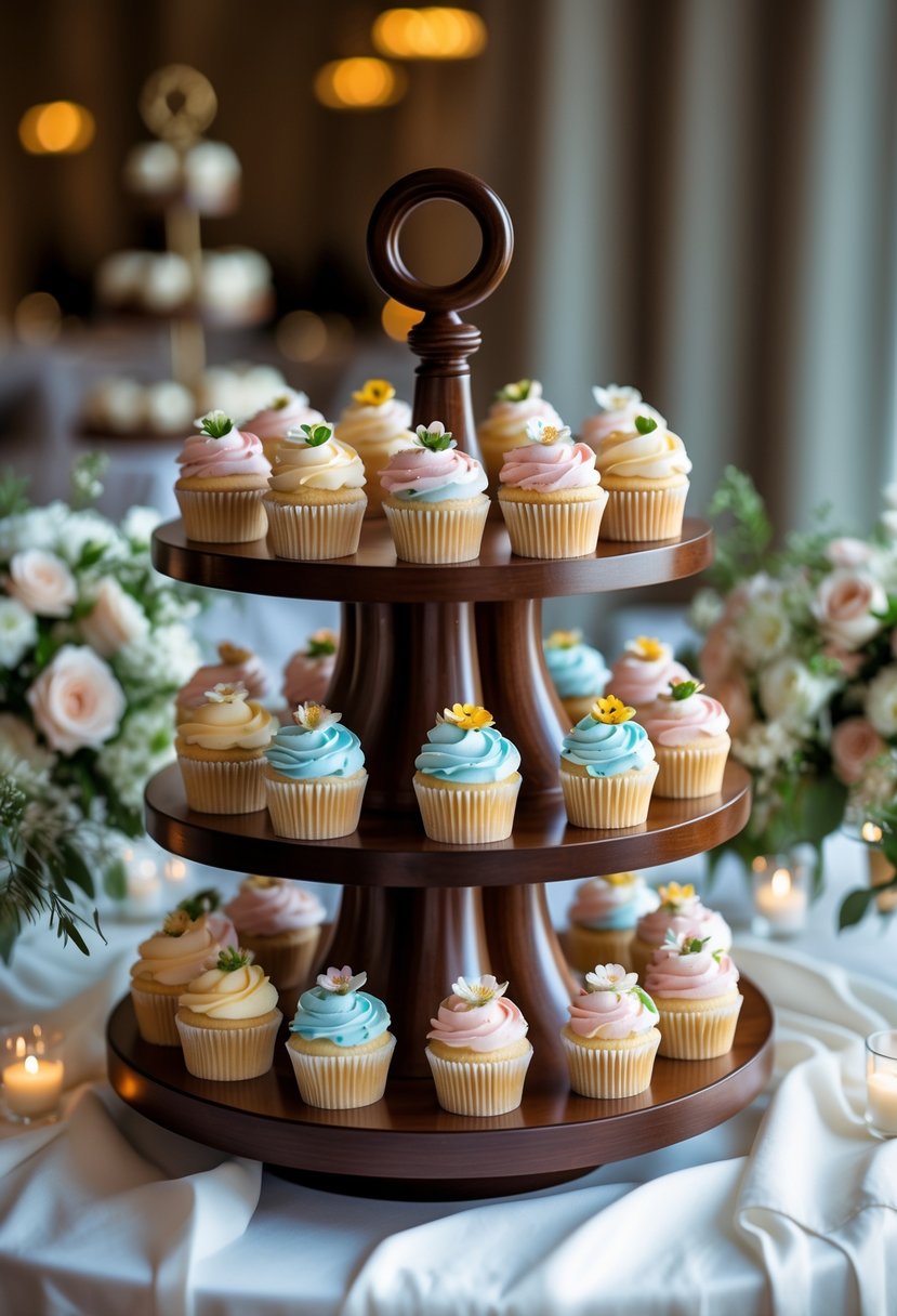 A rotating cupcake wheel stand displaying multiple tiers of decorated cupcakes on a table with floral arrangements.
