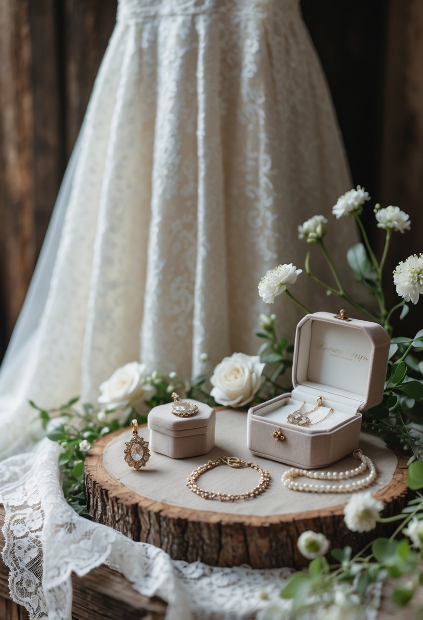 A wedding dress with keepsake jewelry including a necklace, earrings, and a jewelry box arranged on a wooden surface with flowers and lace.