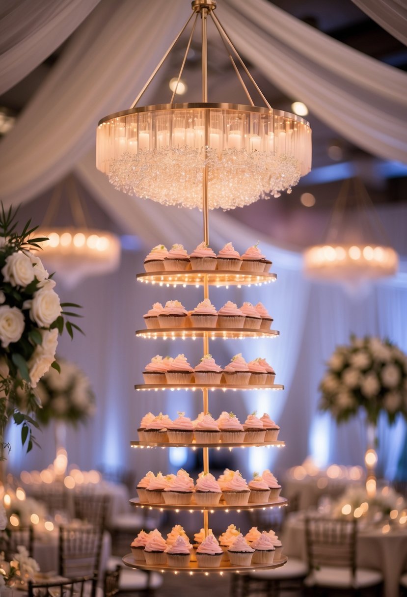 A wedding reception with hanging cupcake chandeliers displaying pastel-colored cupcakes in an elegant setting.