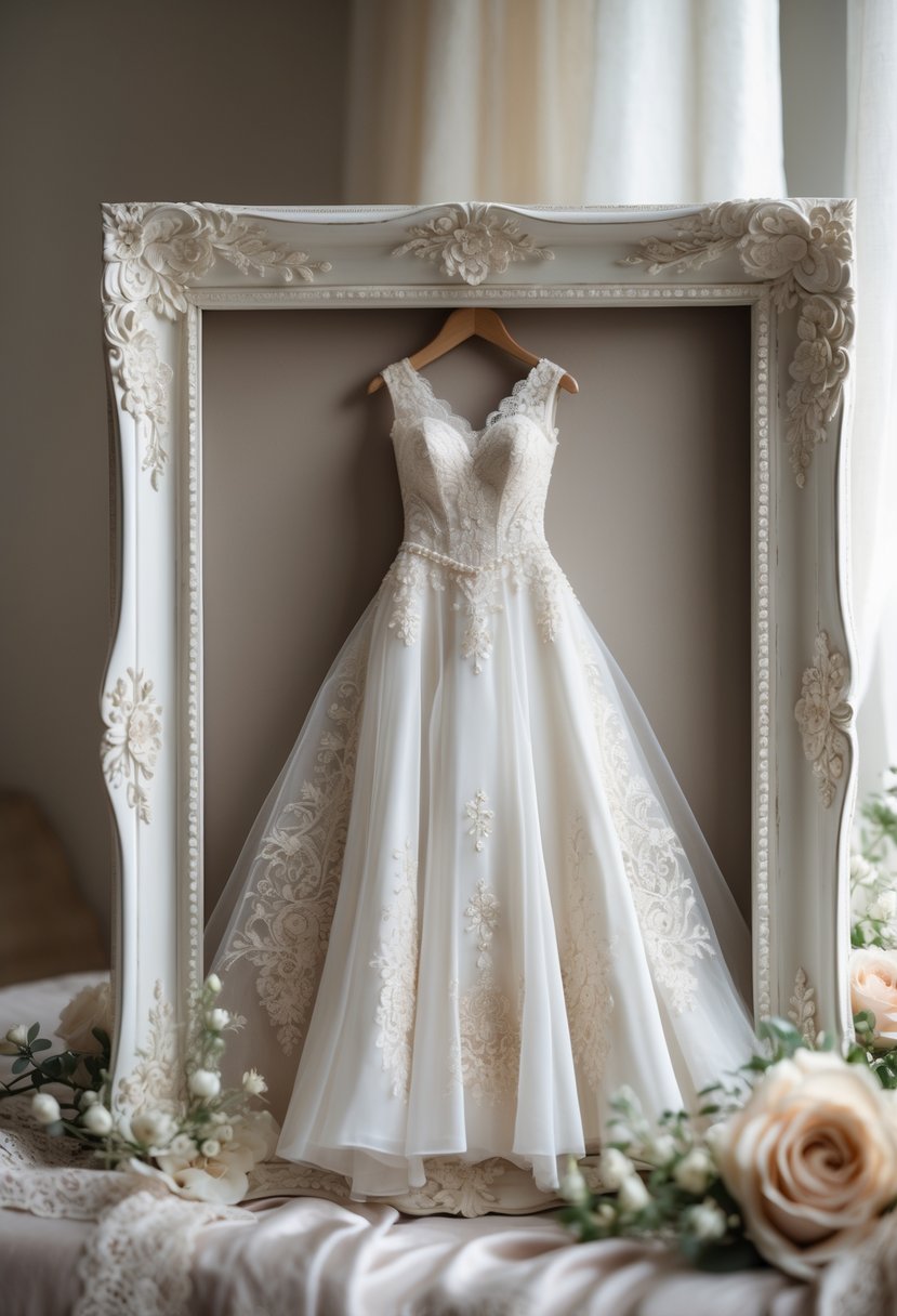 A framed wedding dress displayed on a soft surface with lace and floral decorations around it.