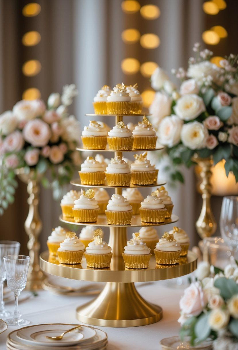 A multi-tiered gold-accented cupcake stand displaying decorated cupcakes with floral arrangements in the background.