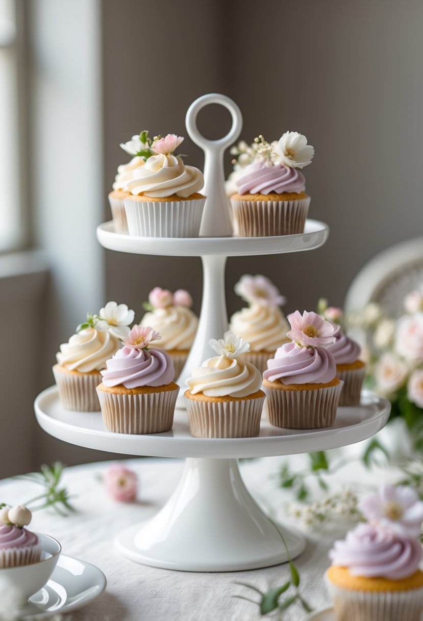 A white ceramic cupcake platter with decorated cupcakes arranged for a wedding display.