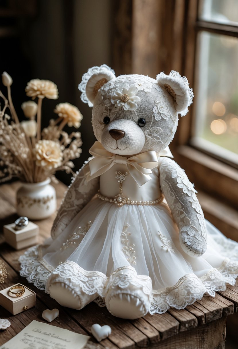 A memory bear made from white wedding dress fabric sitting on a wooden table surrounded by keepsake items.