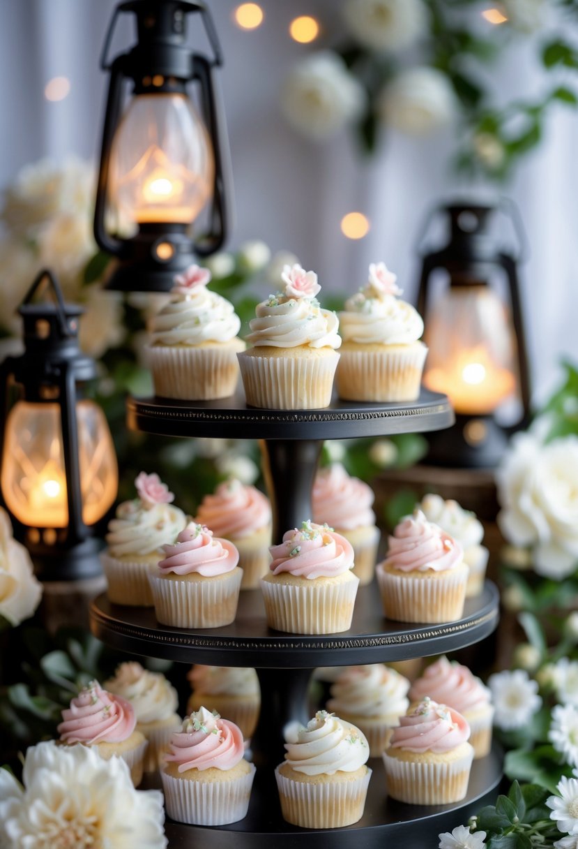 A wedding cupcake display with cupcakes arranged on tiered stands surrounded by glowing lanterns and floral decorations.