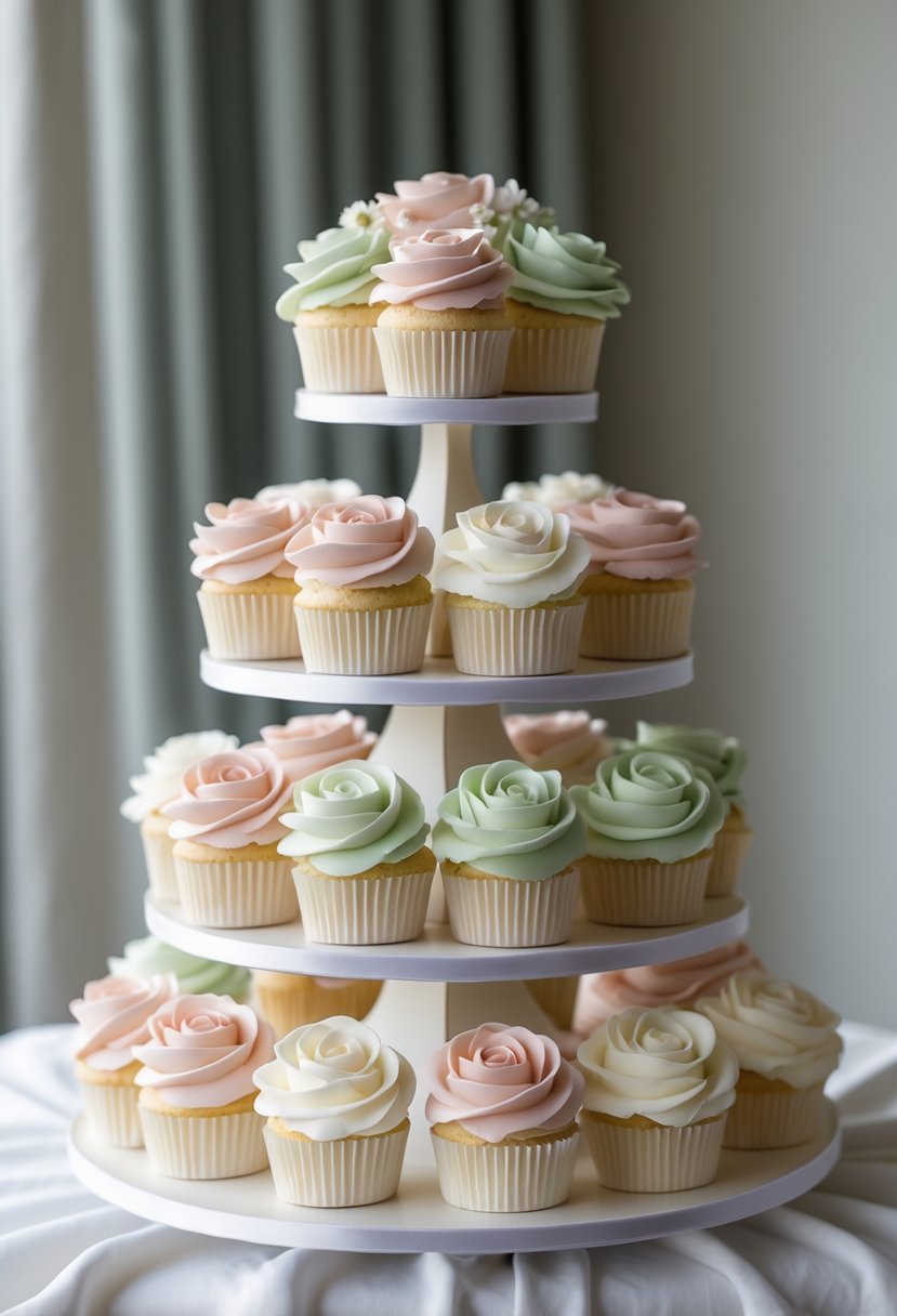 A tiered cupcake stand filled with cupcakes decorated with sugar flowers on a white table.