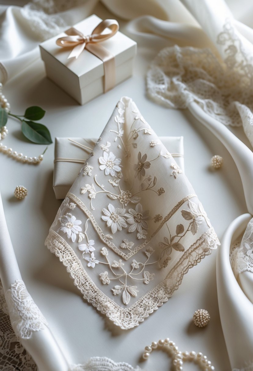 A lace handkerchief folded next to a small gift box and part of a wedding dress fabric.