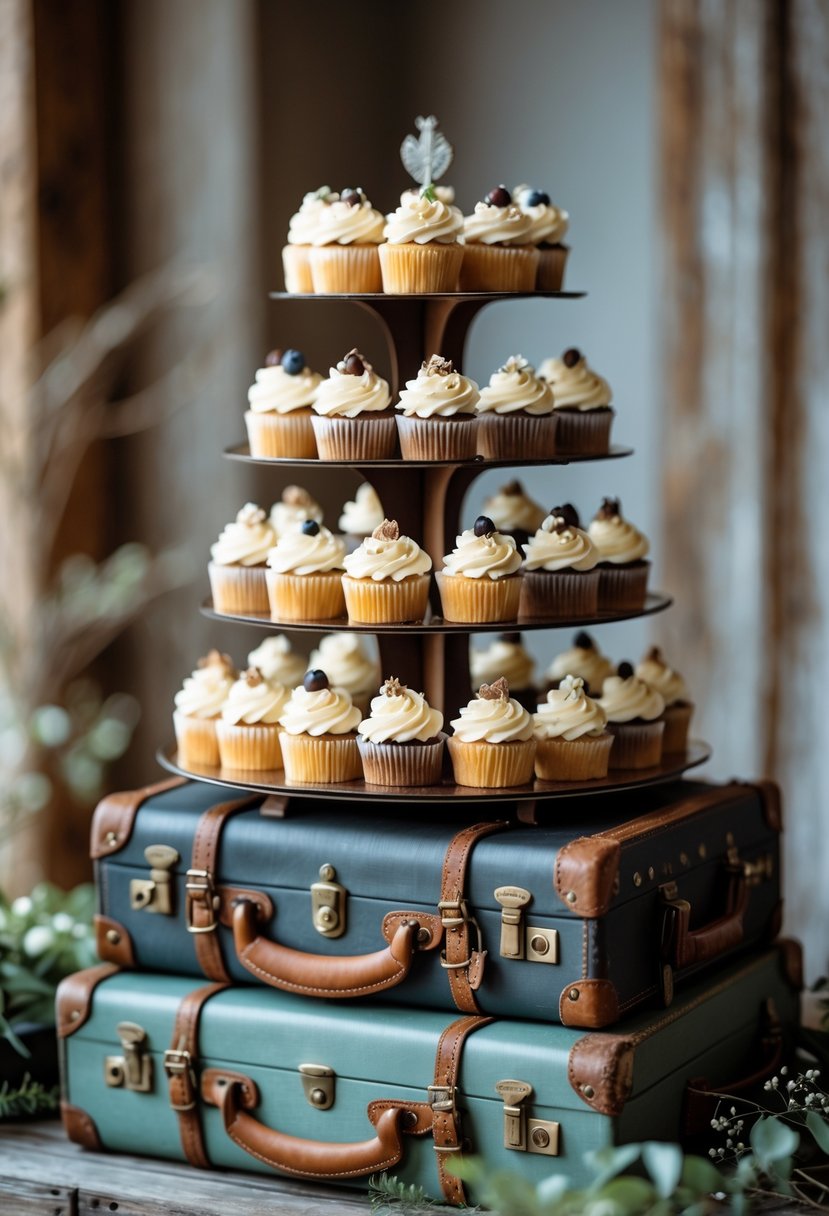 Cupcakes arranged on stacked vintage suitcases with decorative frosting and floral accents.