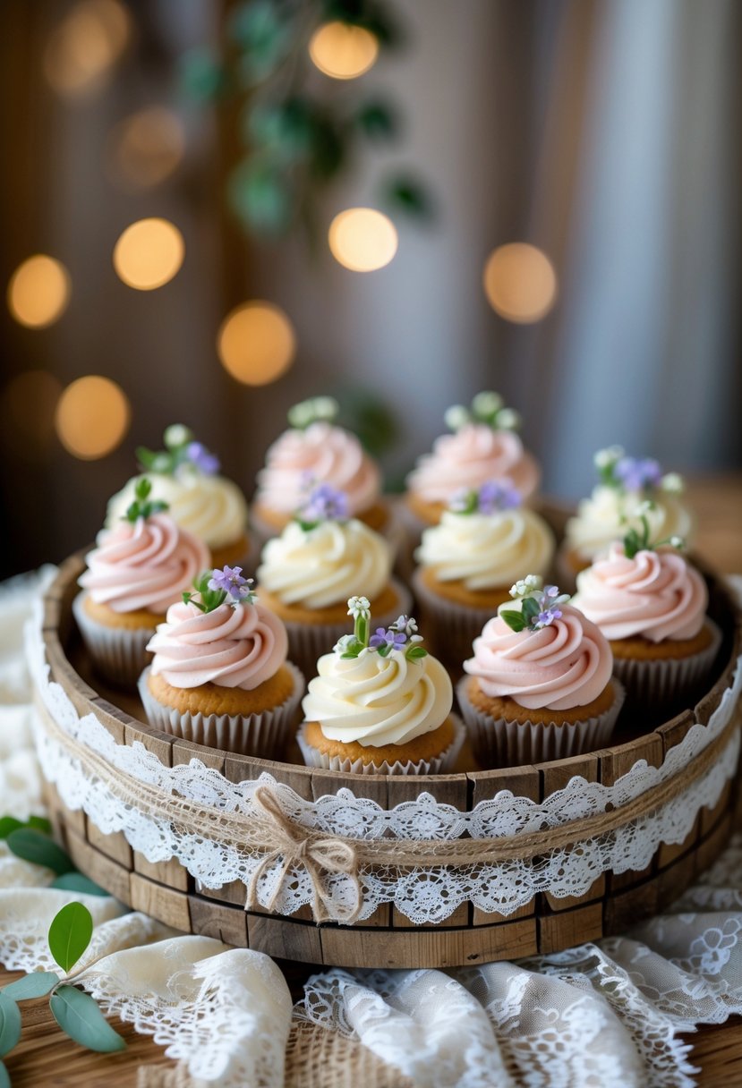 A wooden tray wrapped with burlap and lace holding decorated cupcakes on a wooden table.