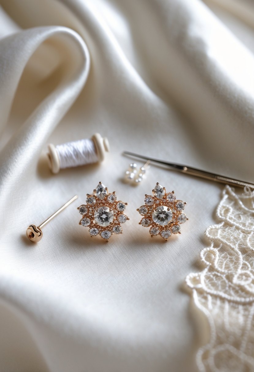 Close-up of custom wedding dress earrings displayed on white fabric with sewing tools and lace swatches nearby.