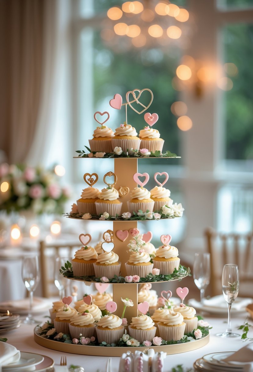 A tiered display of decorated cupcakes with romantic themed decorations set on a wedding reception table.