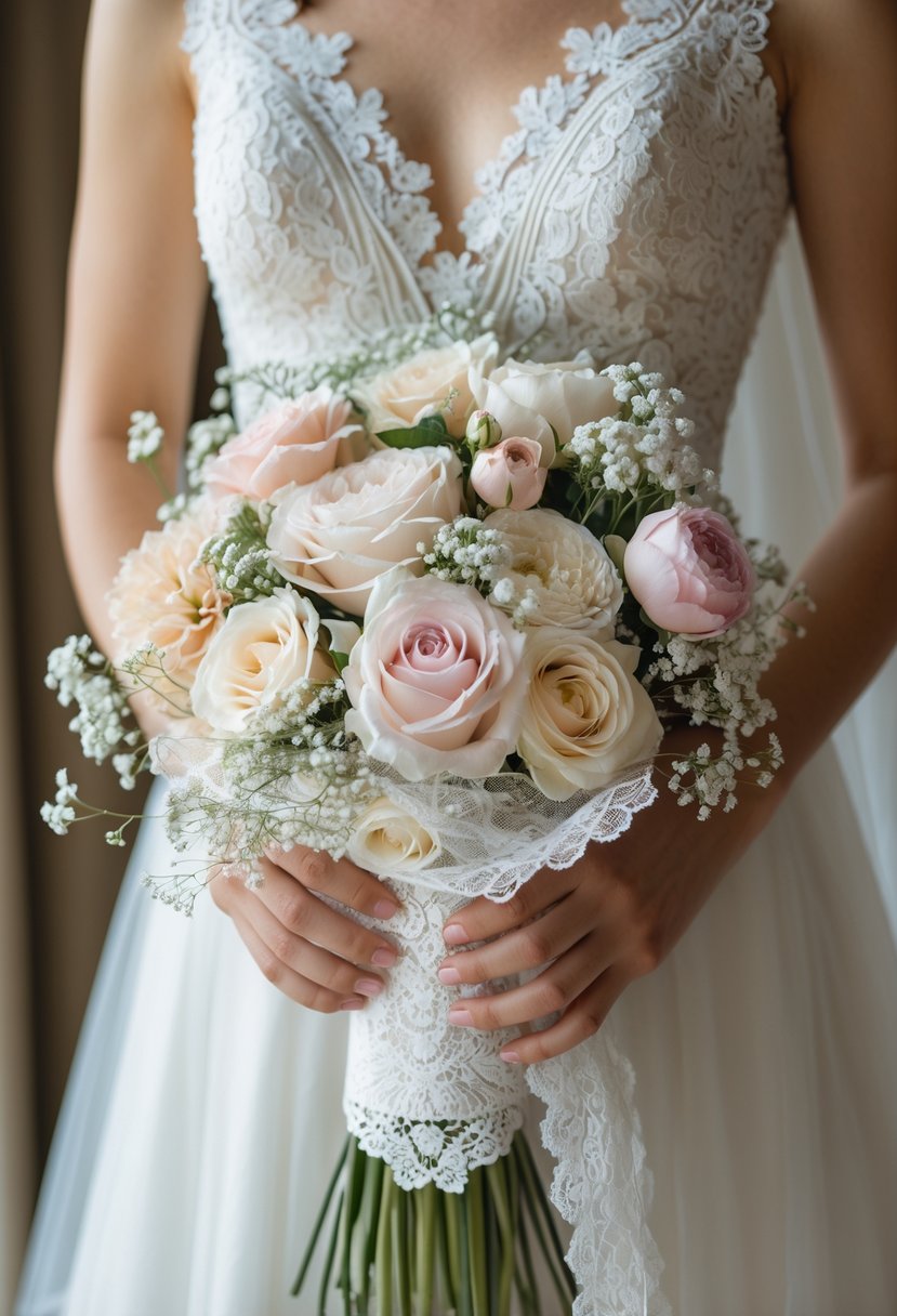 A bridal bouquet wrapped in white lace from a wedding dress, featuring pastel flowers on a softly blurred background.