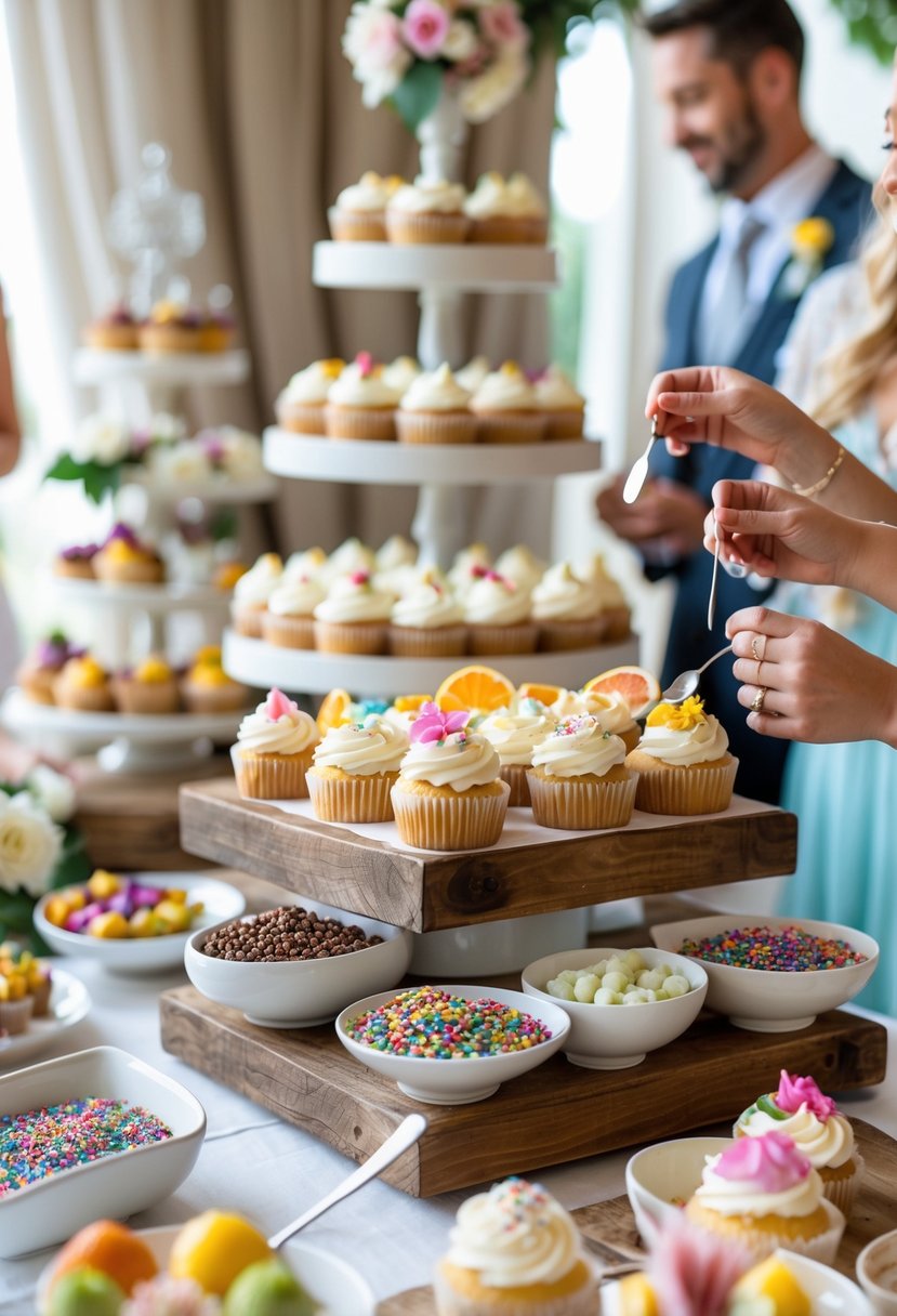 An interactive cupcake bar with various cupcakes and bowls of colorful toppings where guests are decorating their cupcakes at a wedding reception.