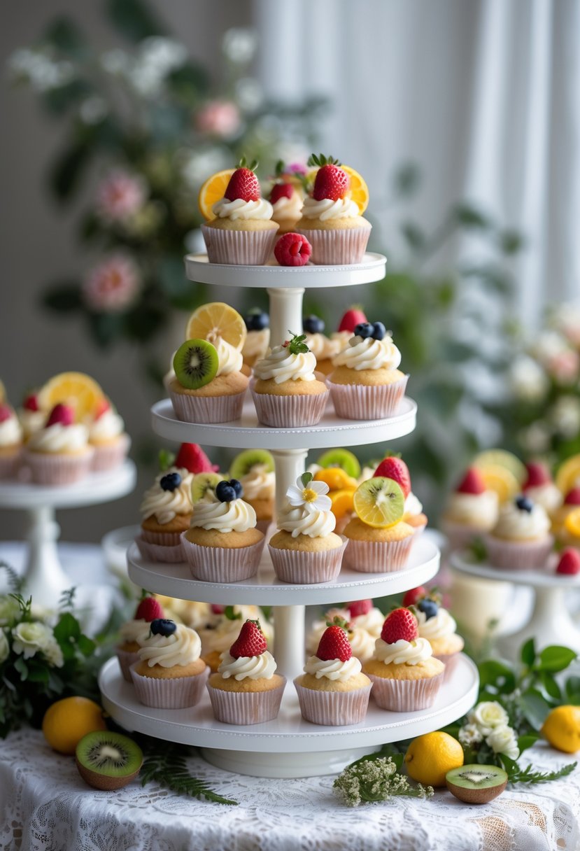 A multi-tiered stand with cupcakes topped with fresh seasonal fruits and frosting on a decorated table.