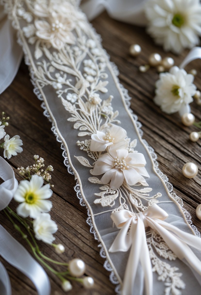 A wedding dress fabric bookmark made of lace and tulle placed on a wooden surface with small white flowers and pearl beads around it.