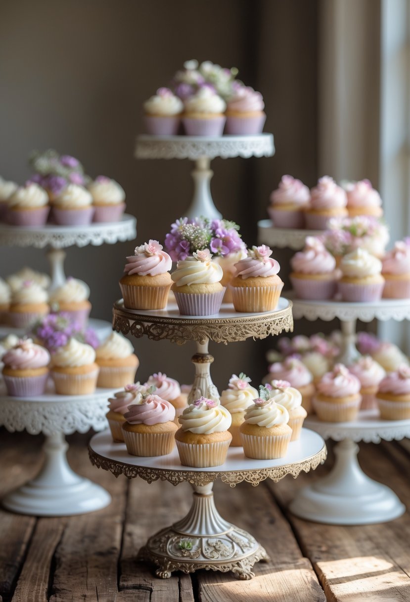 Cupcakes arranged on vintage cake stands on a wooden table with soft natural light.