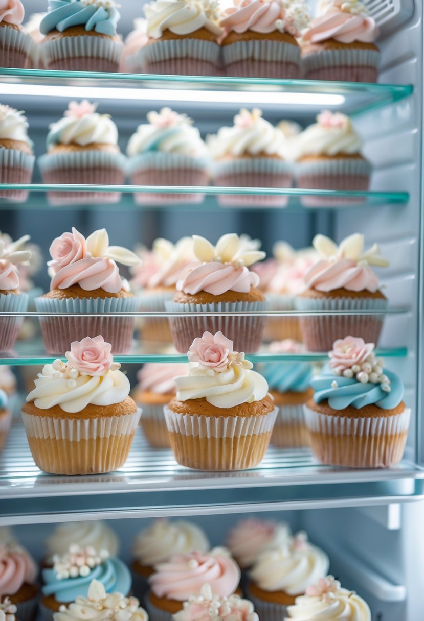 A dessert fridge display filled with an assortment of beautifully decorated chilled cupcakes arranged for a wedding.