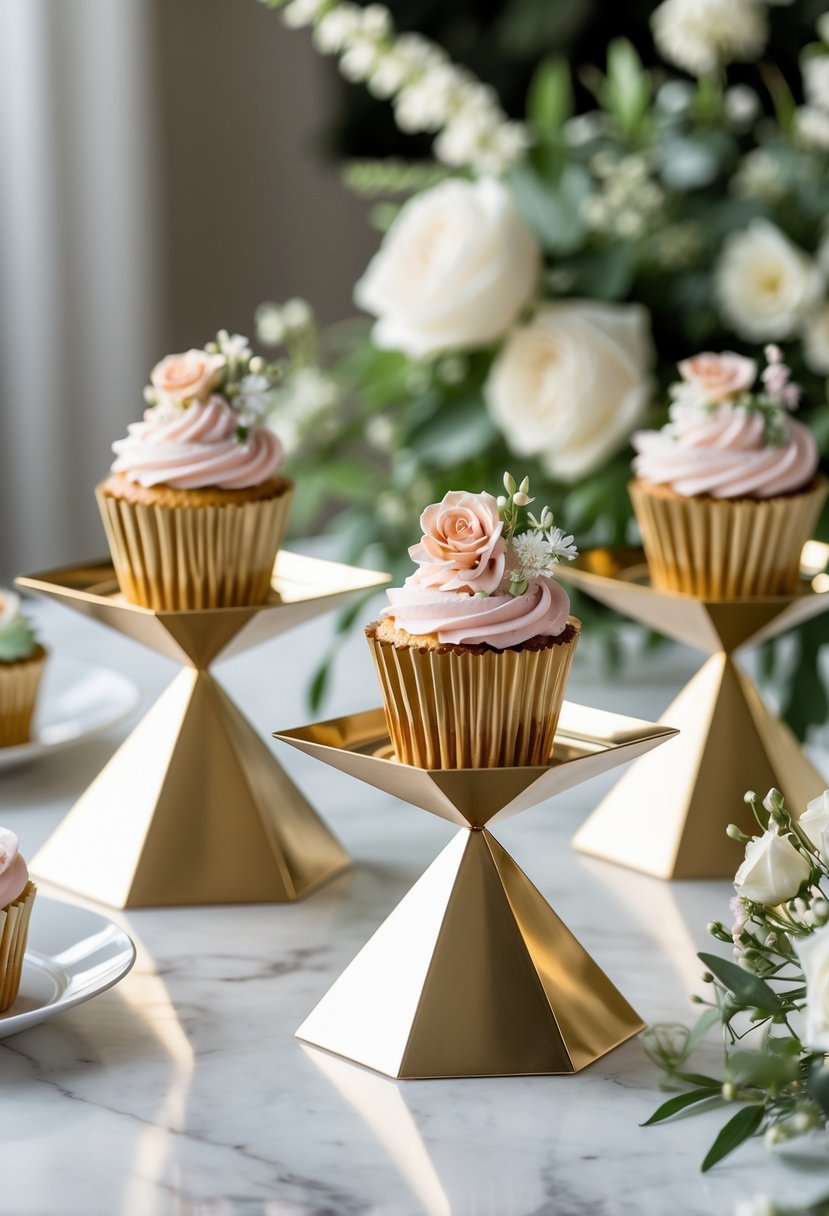 A display of cupcakes placed in geometric metal holders on a table with floral decorations in the background.