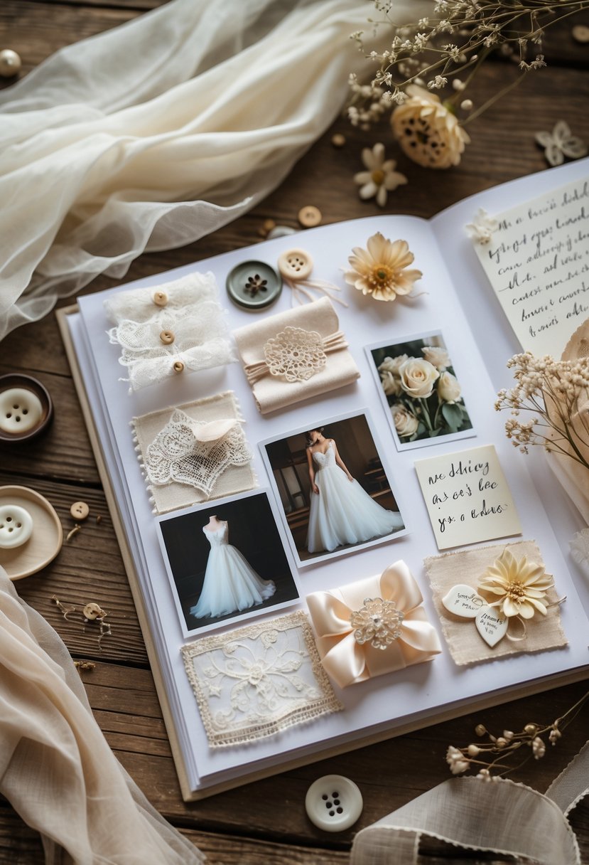 Open scrapbook with fabric swatches, lace samples, photos, and wedding keepsakes arranged on a wooden table.