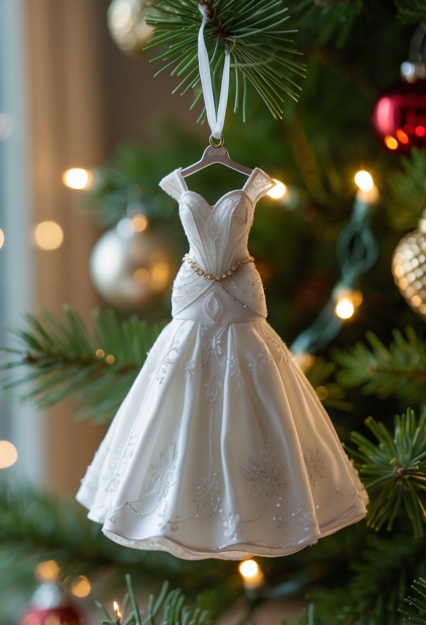 A wedding dress ornament hanging on a decorated Christmas tree with warm holiday lights.