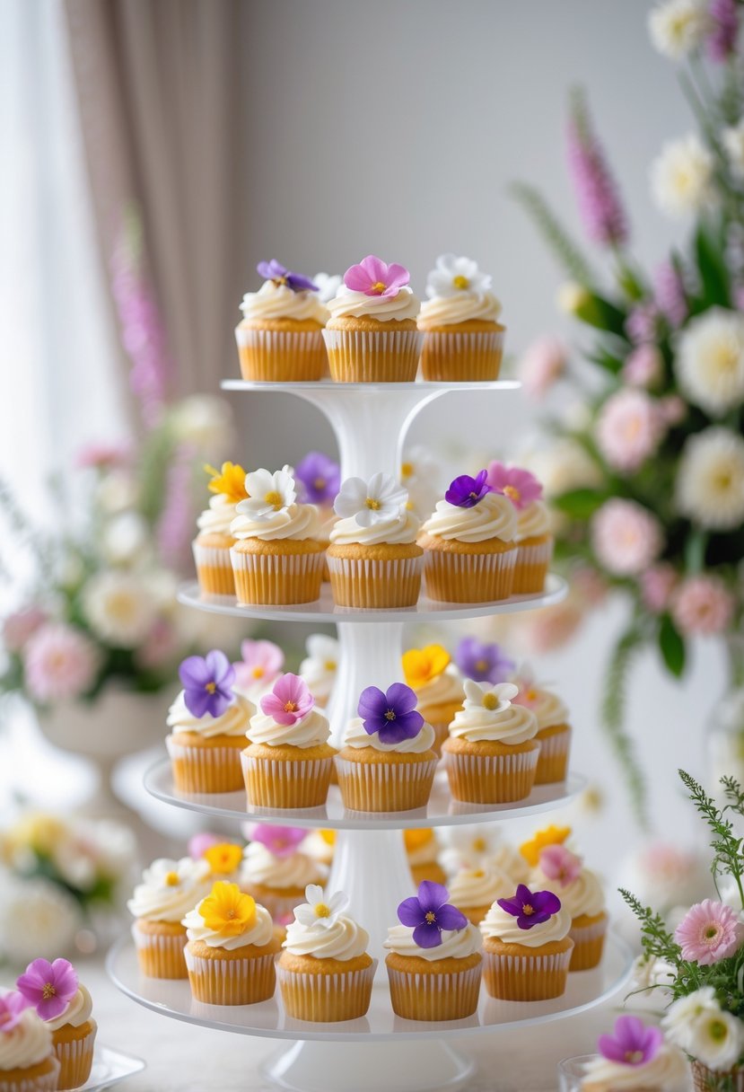 A tiered display of cupcakes topped with colorful edible flowers on a table.