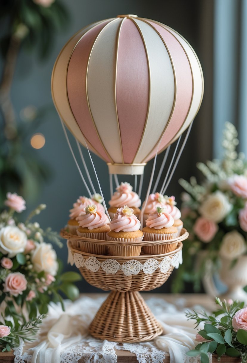 A whimsical cupcake display shaped like a hot air balloon with pastel cupcakes arranged in a basket on a decorated table.