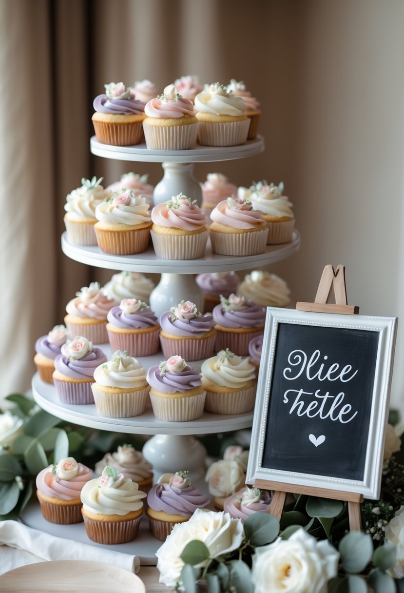 Tiered wedding cupcake display with pastel-colored decorated cupcakes and a blank chalkboard sign surrounded by flowers.